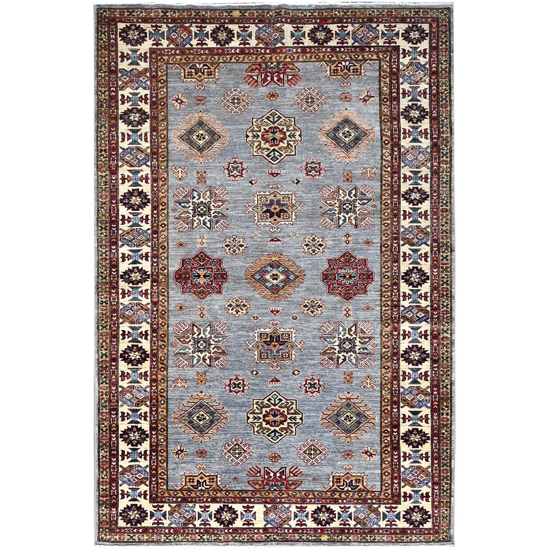 Quiet Gray, Soft, Velvety Wool Hand Knotted Afghan Super Kazak with Medallions Design Densely Woven Oriental Rug